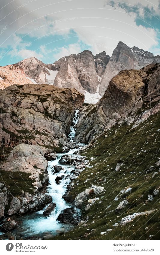 Mountain stream in the Pyrenees Looking Front view Portrait photograph Wide angle Central perspective Panorama (View) Deep depth of field Low-key Sunset