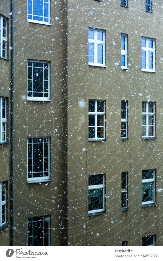 Snowfall in the backyard Old building on the outside Facade Window House (Residential Structure) rear building Backyard Courtyard Interior courtyard downtown
