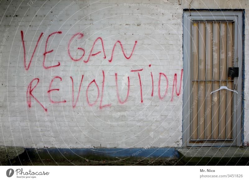 Vegan I Health I Revolution Healthy Vegan diet Nutrition Organic produce Graffiti door Wall (barrier) Red Daub Characters Eating Symbols and metaphors