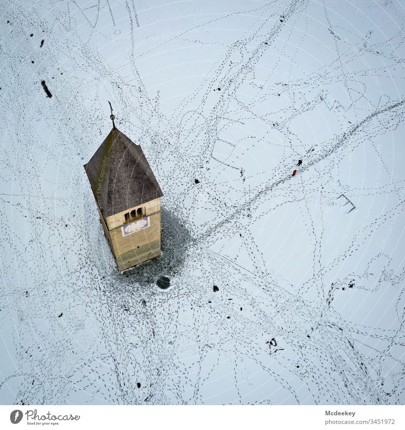 Church tower frozen lake Ice Ice-skating Lake Frozen Frozen water Kite Skiing Cold reschenpass Drone drone flight UAV view Drone Images Winter Landscape Nature