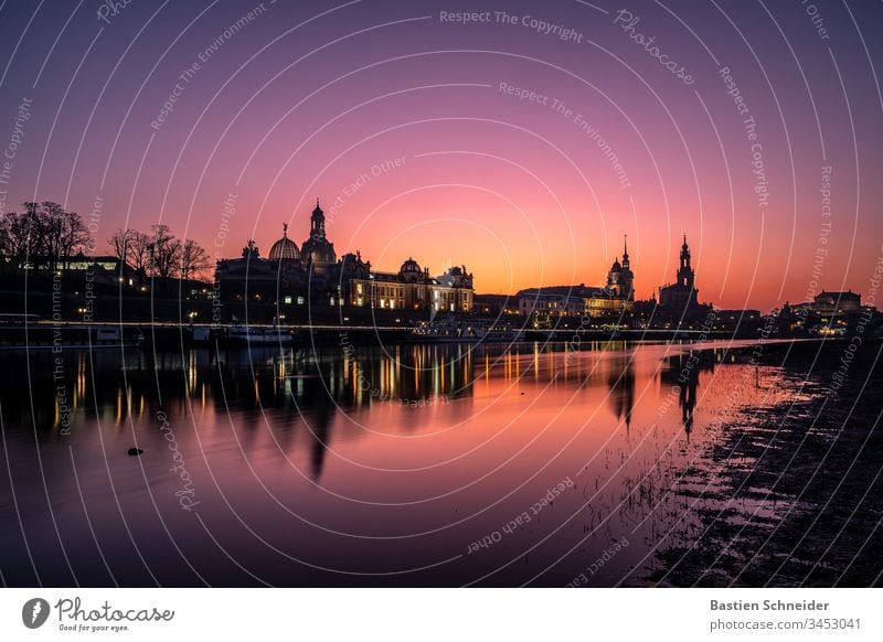 Skyline Dresden, Old Town, Saxony, Germany Picturesque atmospheric Colour photo River Elbe Illumination Emotions Vacation & Travel Europe Trip Evening