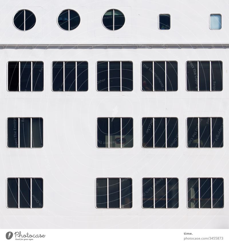 the captain's still asleep Window Ferry Bright Ship's side ship Wall (building) Facade Porthole symmetric Round Sharp-edged rounded Dark Levels lines Stripe