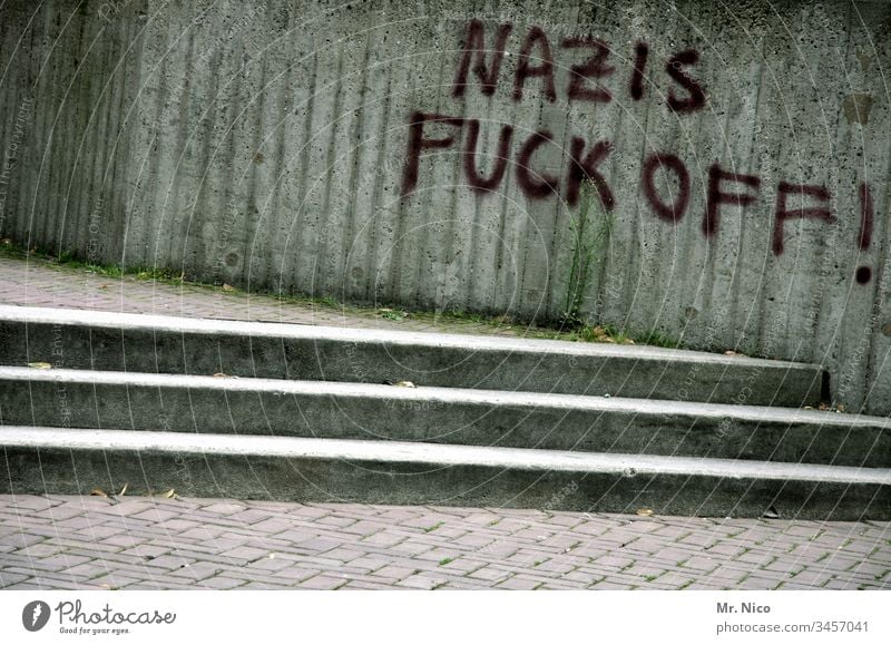 Nazis fuck off! Graffiti Wall (building) Wall (barrier) Characters Stairs Town City life Fascism Protest Gray Politics and state Subculture Resolve Frustration