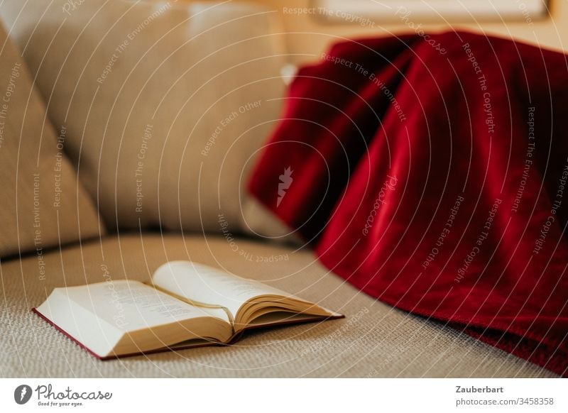 Book lies on a comfortable couch with red blanket Stayhome Reading Struck Blanket Beige Red Cozy Relaxation stay at home Rest Safety (feeling of) Retreat