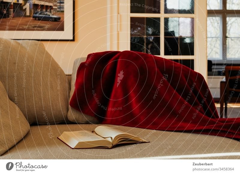 Cosy sofa with blanket and book at home in front of the door with white rungs in the living room Stayhome Sofa couch Cushion Blanket Red Beige Bolster Book
