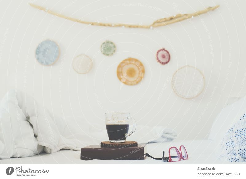 Book, coffee and glasses on the bed wall dreamcatcher sunday book white cup blanket home lights background romantic morning diary drink mug books holiday
