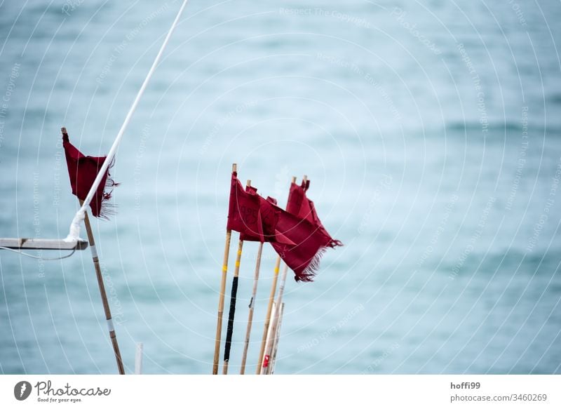 red flags in the wind on fishing boat Red Flag Flagpole Maritime Wild Fishing boat windy Wind Ocean at sea Blow Sky Judder Blue Summer