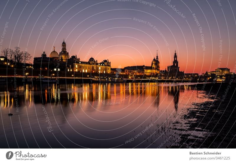 Skyline of Dresden's old town at sunset Esthetic Detail Semper Opera Contentment Art Silhouette Dome Church Dark Monument Manmade structures Historic Castle