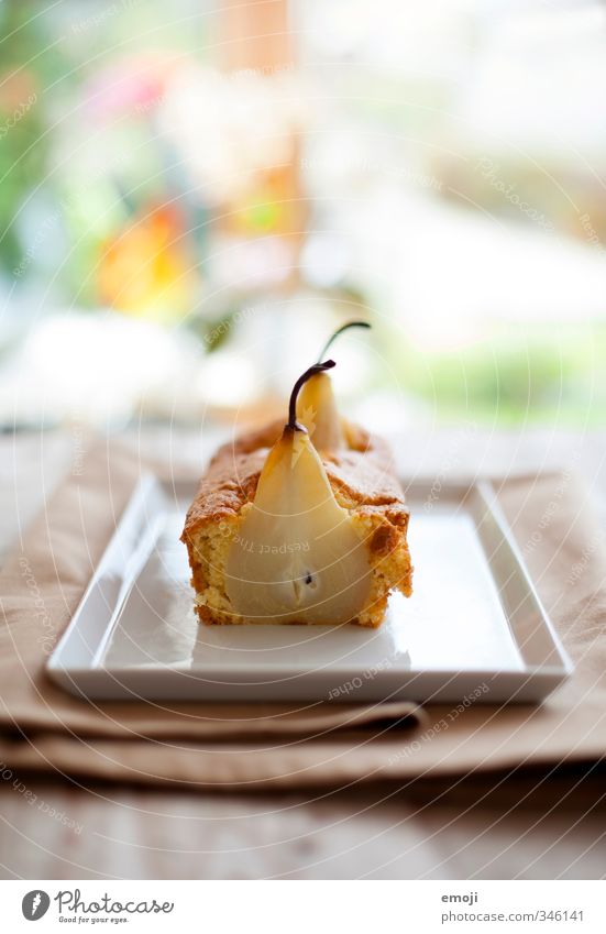 pear Fruit Cake Dessert Candy Nutrition Plate Delicious Sweet Pear Food photograph Colour photo Interior shot Deserted Day Shallow depth of field