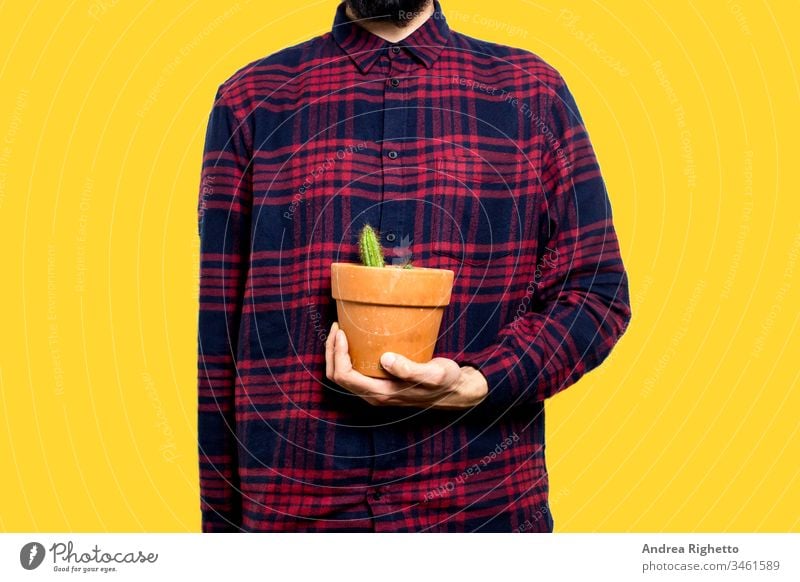 Young man holding a small plant of cactus with his left hand. He's in the center of the image. The background is yellow. The cactus is inside a brown vase art
