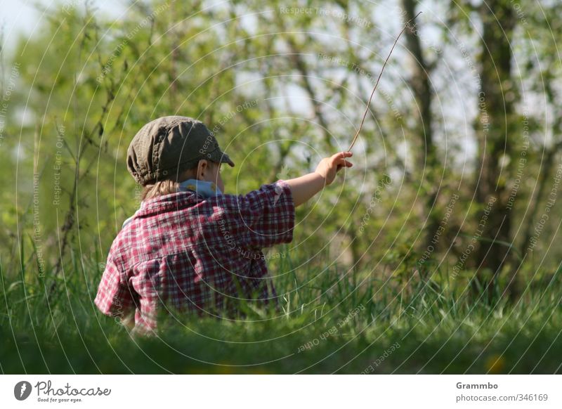 there! Human being Masculine Child Toddler Boy (child) 1 1 - 3 years Nature Tree Grass Meadow Sit Cute Indicate Colour photo Copy Space right Copy Space bottom