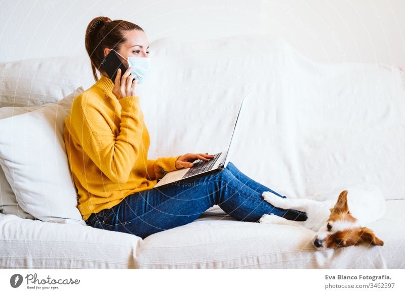 young woman working on laptop and mobile phone, cute small dog besides. Sitting on the couch, wearing protective mask. Stay home concept during coronavirus covid-2019