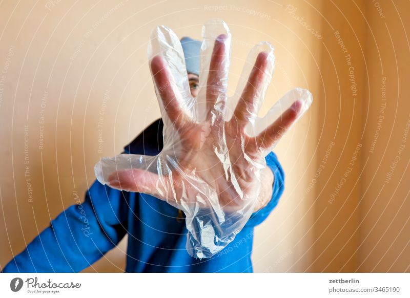 defensive attitude Shielding Fear Respiratory protection corona COVID peril Face mask Hand glove Infection Protection against infection insulation Man Mask
