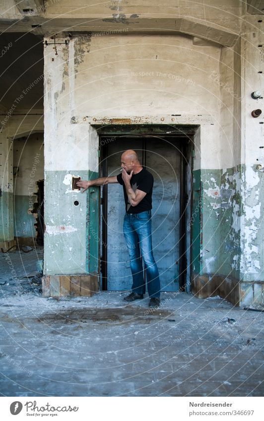 Man with bald head and cigarette in a broken location Craft (trade) Human being Masculine Adults 1 House (Residential Structure) Factory Ruin Manmade structures