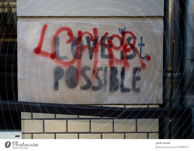 Love is possible texture Abstract Dark gray Word English Stencil letters Spray Creativity Typography Moody Street art Subculture Capital letter Graffiti