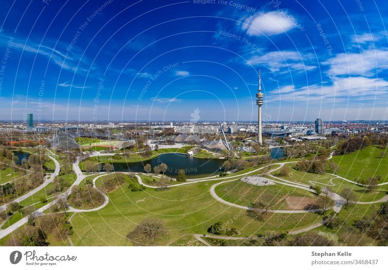 Springtime in Munich, great drone panoramic shot at a landmark of the bavarian city, shot by a drone. munich spring bloom color panorama beautiful skyline