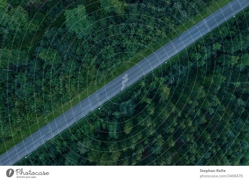 A street through a forest from top view, filmed by a drone, diagonal line, dividing the photo into two equal parts. landscape road minimalism devided parted cut