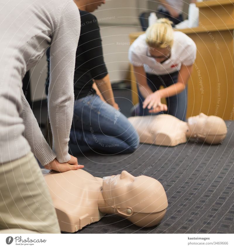 First aid course first aid First Aid Health care Help Rescue Colour photo Medical treatment cpr Heart attack Emergency Emergency call Human being first response