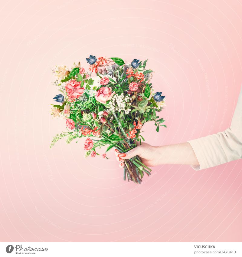 Female hand holding pretty flowers bunch arrangement with various flowers and leaves at pale pink background. Florist with bouquet. Greeting. Mothers day .