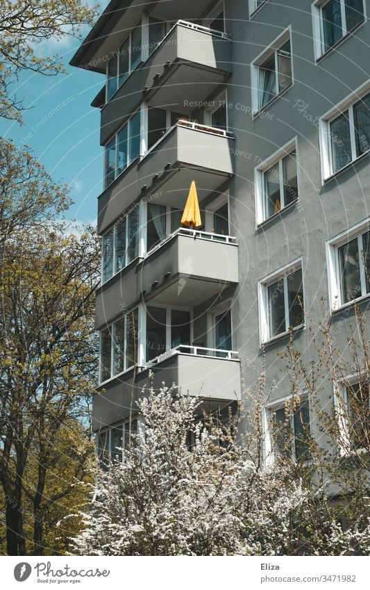 Facade of an apartment building with balconies and a yellow parasol and blossoming trees and bushes in spring Apartment Building Balcony Balconies at home