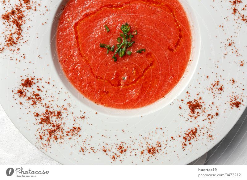 Homemade Tomato Soup on white Background soup tomato food bowl healthy lunch dinner meal vegetarian vegetables fresh cream gourmet green dish diet tasty