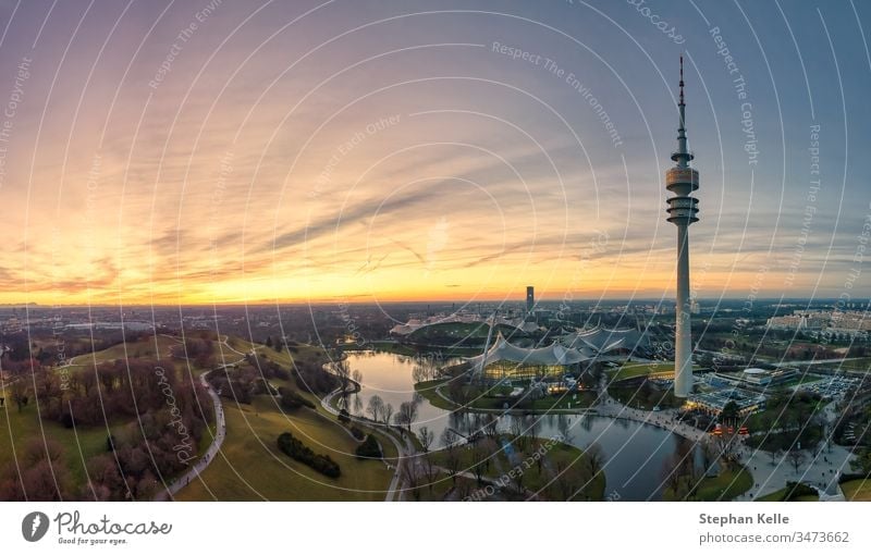 The impressive Skyline of the bavarian capital Munich. park drone business popular buildings work lake sunset sky beautiful famous metropole area atmosphere