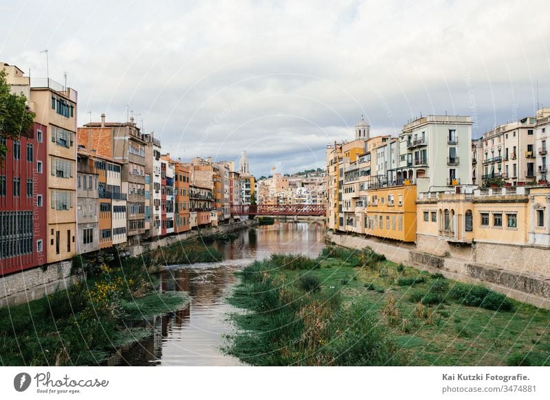 The old town of Girona, Spain Gerona River Old town old town house Autumn Clouds Sky Historic Historic Buildings Tourist Attraction worth seeing Tourism