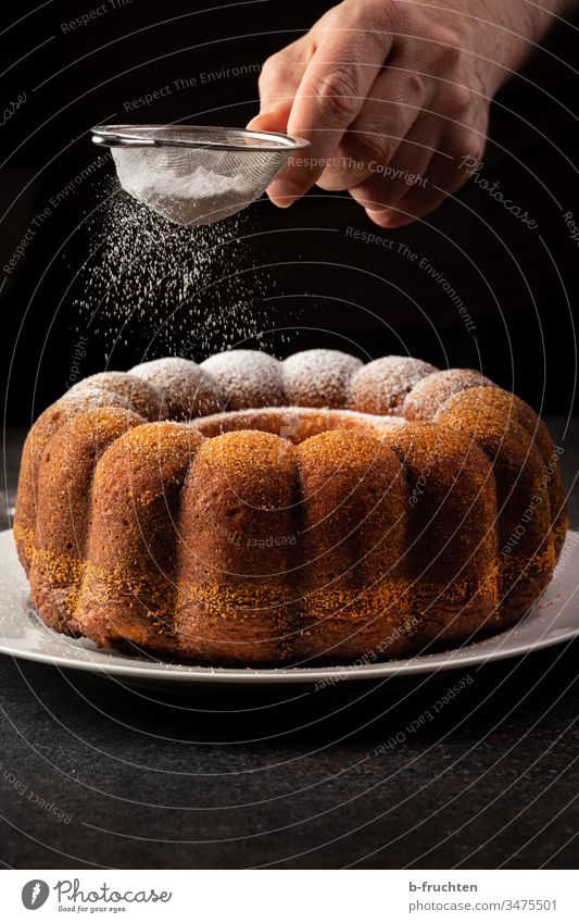 Sprinkle cake with icing sugar Cake Confectioner`s sugar scatter Sweet Delicious Baked goods candy Sugar powdered sugar Hand Kitchen Prepare preparation