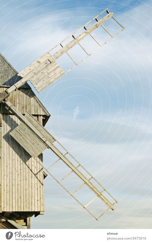 old restored trestle windmill, half shown bock windmill Windmill Wood Windmill Grand piano Windmill vane Technical monument Mill Historic Sky grind Monument