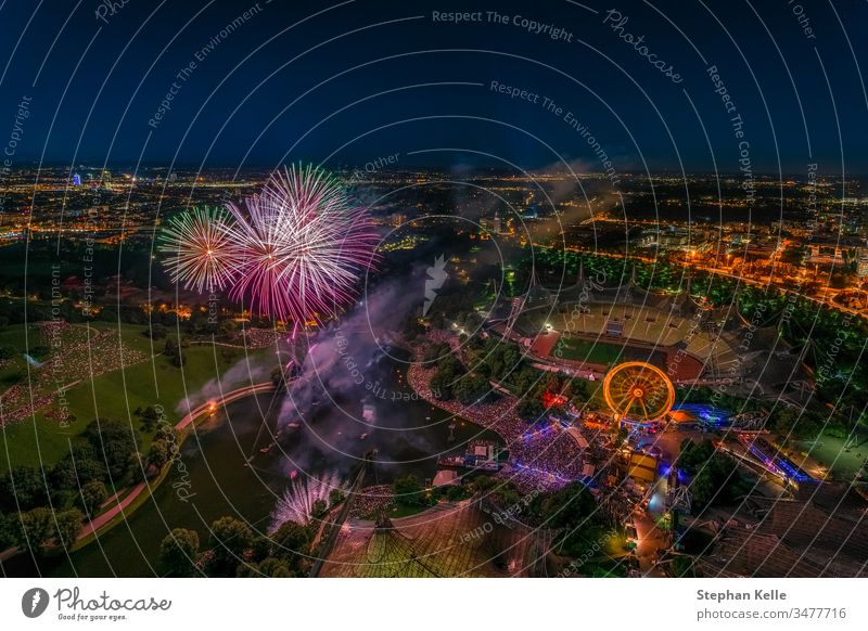 Fireworks over Munich from a high angle. firework munich muenchen celebrate festival city celebration tourism total colorful party holiday night cityscape light