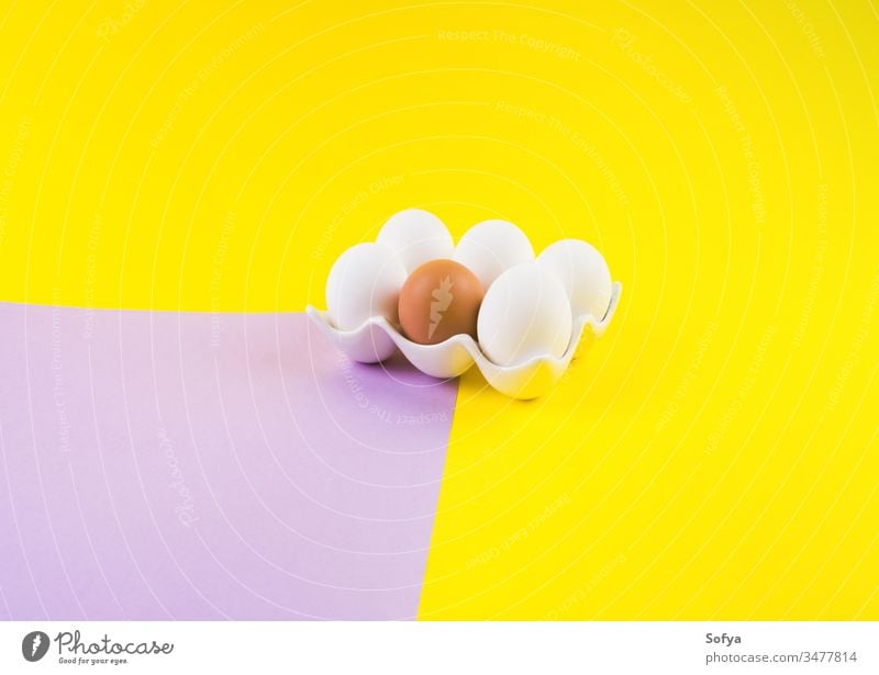 White and one brown egg on yellow and purple easter eggs color duotone bold unique different food holiday celebrate background design layout frame creative