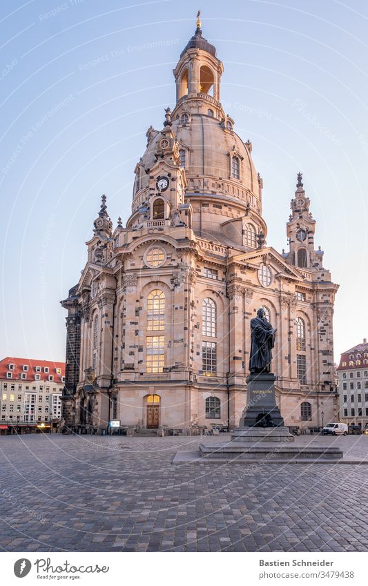 Church of Our Lady Dresden Art Central perspective Esthetic Light Day Neutral Background Exterior shot Copy Space left Copy Space top Frauenkirche Deserted