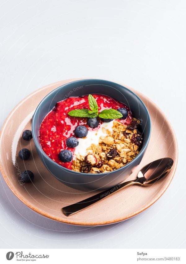 Yogurt smoothie bowl with blended raspberries yogurt oat delicious concept granola breakfast pastel blueberries healthy background plant based organic pumpkin