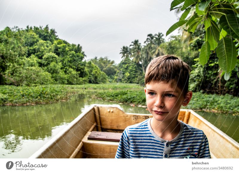 favourite person | because he is an adventurer plants Research Quaint Boy (child) Son Child Discover Rowboat Palm tree green Environmental protection River
