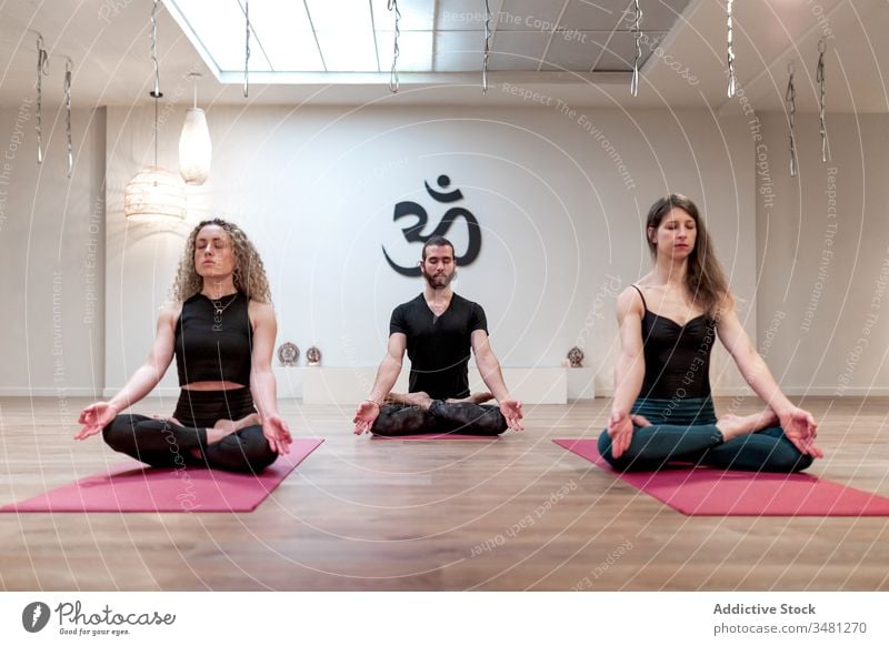 Group of people sitting on lotus pose on mats women man yoga room class body healthy mudra relaxation workout together wellness concentration recreation