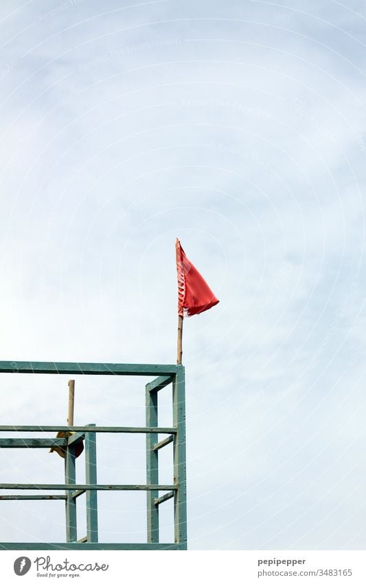 red flag on a steel frame Flag Red Sky Blue Deserted Flagpole Clouds Day Beautiful weather Exterior shot Colour photo Summer Vacation & Travel Blow Tourism