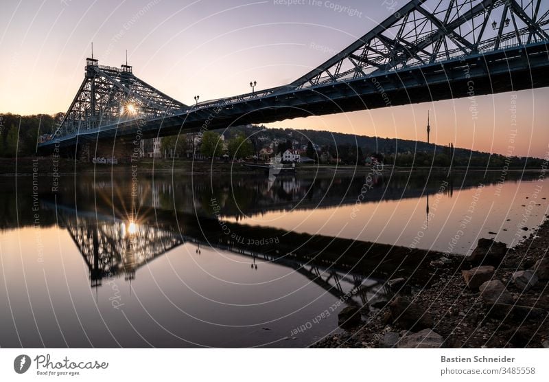 Sunrise at the Blue Wonder in Dresden, Saxony, Germany Sunset Europe Town Blaues Wunder Reflection Evening Copy Space left Twilight Elbe art academy Castle