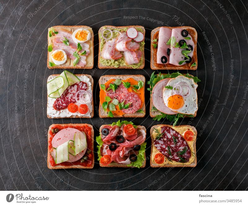 open sandwiches with different meat, copy space assortment collection smoked smoked meats lunch meat top view ham sausage jamon bacon parma ham above prosciutto
