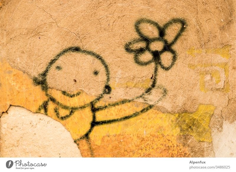 flower power Graffiti flower child Wall (barrier) Deserted Exterior shot Characters Facade Town Colour photo Child flowers Wall (building) Smiling