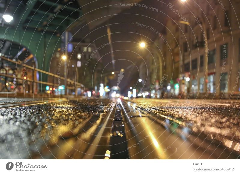 Tramway track Prenzlauer Berg Berlin Night Exterior shot Town Downtown Old town Capital city Deserted Colour photo Railroad tracks Rail transport