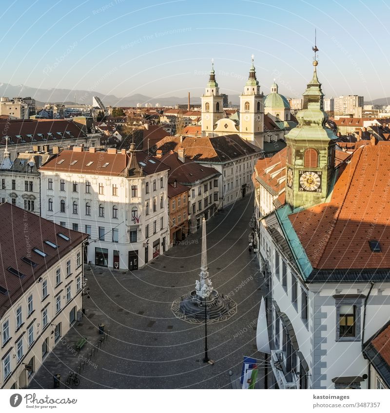 Panoramic aerial view of Town Square in Ljubljana, capital of Slovenia, at sunset. Empty streets of Slovenian capital during corona virus pandemic social distancing measures in 2020