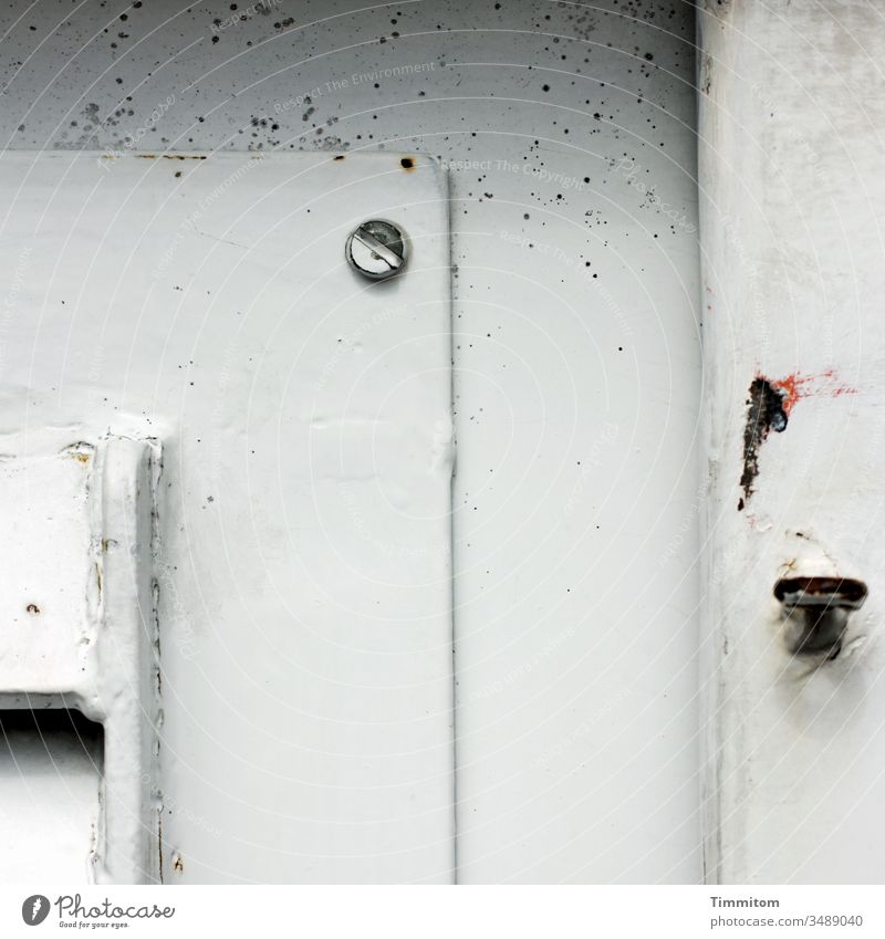 Barge - partial view Metal Colour White Screw damage Function lines Deserted Detail Colour photo Shadow points Rust