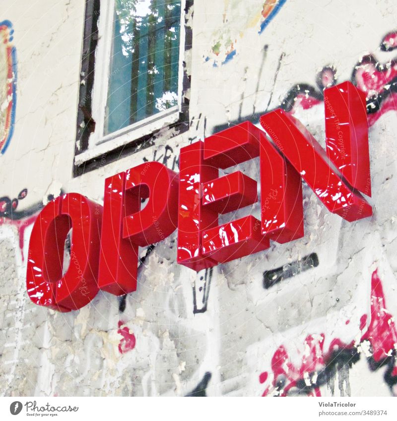 3D lettering "Open" on urban facade open Exterior shot Colour photo Signs and labeling Characters Wall (building) Town Day Facade Downtown Closed open again