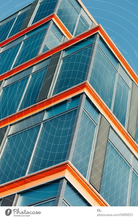 buildings built Part of a building Architecture Sharp-edged Blue Blue sky Orange Abstract Esthetic Modern Modern architecture Facade Window