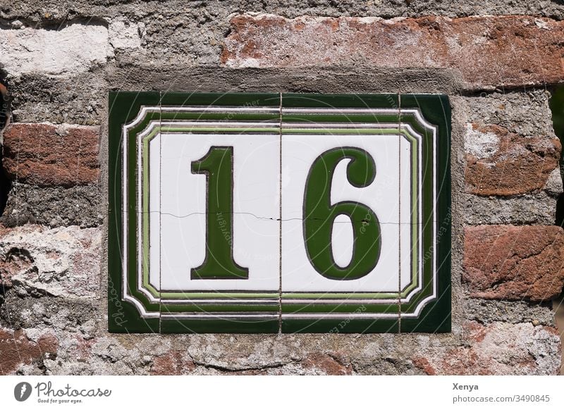 House number 16 sign house wall Digits and numbers Wall (building) digit Colour photo tile