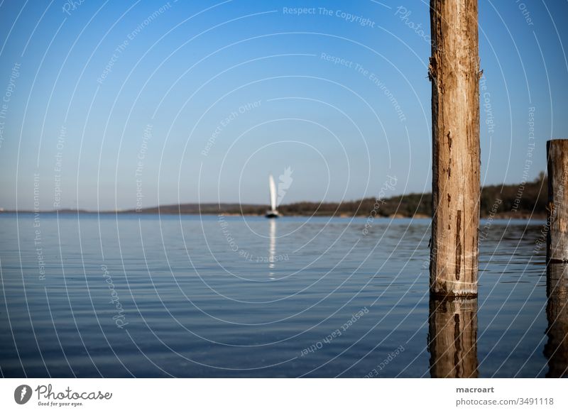 Sailing boat and wooden stakes in water- groynes Lake Sailboat ship Water Body of water Day Exterior shot Ocean Protection breakwater logs tree trunks Round Sky