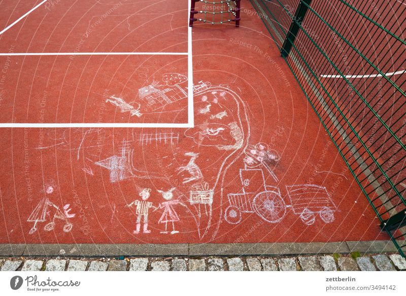 Plaster painting on the football field illustration childhood photograph Children's drawing Chalk pavement painting game Playing field field marking Playground