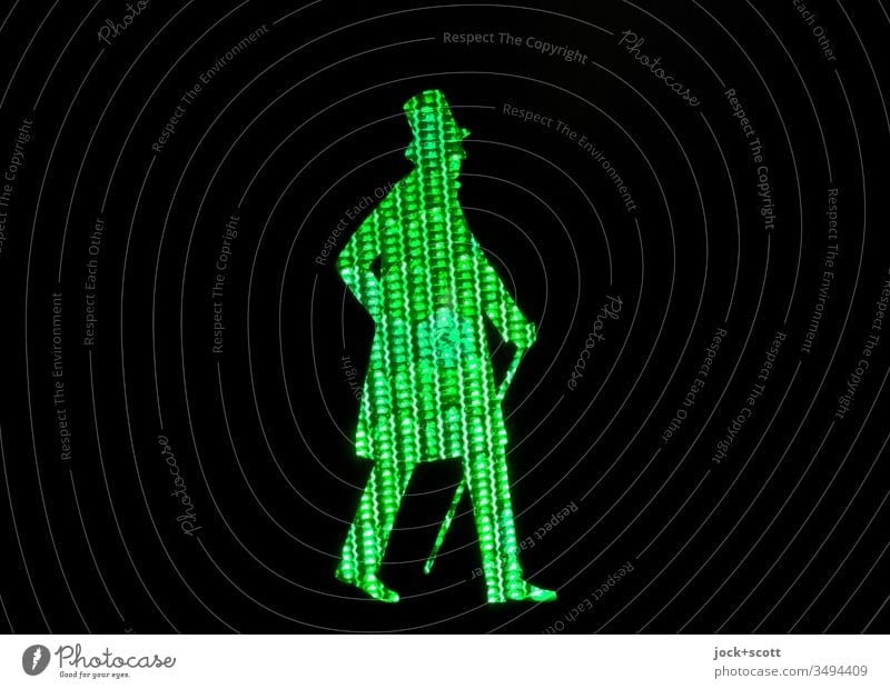 Dane on the way across the road Green Profile Silhouette Artificial light Structures and shapes Pictogram Diffused light Comic Safety Traffic light Pedestrian
