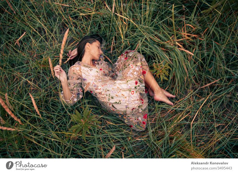 Young woman in transparent dress with flowers lie on a grass. Youth (Young adults) romantic romantic mood fresh hand knee Dress Human being Exterior shot