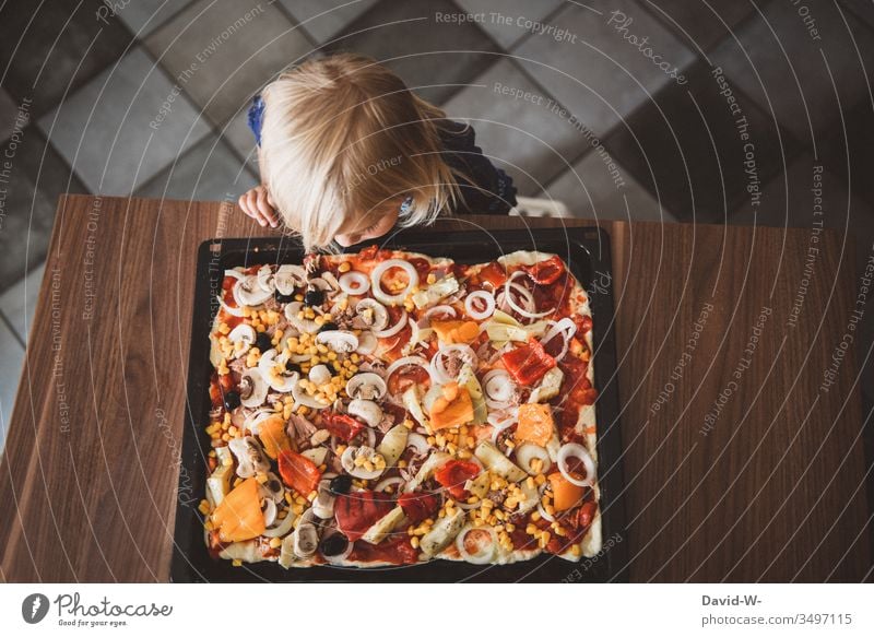 ready is the pizza - child girl looks at pizza plate Pizza hunger Appetite Child Toddler cake Nutrition Food Eating Delicious Baking Human being Infancy